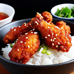 **Crispy Korean Fried Chicken (Kangpunggi) with Sweet and Sour Sauce.** Close-up shot showcasing the crunchy texture and vibrant colors of the dish. Include a bowl of white rice and kimchi as side dishes.  Emphasize appetizing presentation with sesame seeds and green onions. Use natural lighting.