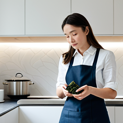 Home 25 A person in professional dress, mid-shot, holding a packet of crunchy Nori seaweed chips in a clean, modern kitchen. The person is fully clothed in appropriate attire, with a curious and contemplative expression, exploring the unique umami flavor. The scene is bright and inviting, focusing on the discovery of new culinary experiences. safe for work, appropriate content, modest clothing, family-friendly, perfect anatomy, correct proportions, natural pose, well-formed hands, proper finger count, natural body proportions, high-quality professional photography.
