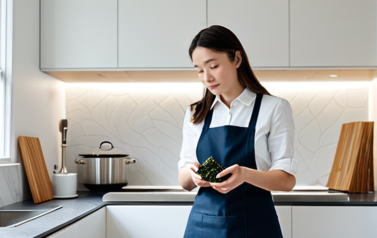 A person in professional dress, mid-shot, holding a packet of crunchy Nori seaweed chips in a clean, modern kitchen. The person is fully clothed in appropriate attire, with a curious and contemplative expression, exploring the unique umami flavor. The scene is bright and inviting, focusing on the discovery of new culinary experiences. safe for work, appropriate content, modest clothing, family-friendly, perfect anatomy, correct proportions, natural pose, well-formed hands, proper finger count, natural body proportions, high-quality professional photography.