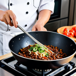 A professional home chef, fully clothed in a modest, clean kitchen apron, expertly stirring a large wok filled with bubbling, rich Jjajangmyeon black bean sauce. The kitchen is bright, modern, and well-organized, with fresh, diced ingredients like onions, zucchini, and small cubes of pork visible on a clean wooden countertop. The focus is on the chef's well-formed hands and the vibrant cooking process, with steam gently rising from the wok. Perfect anatomy, correct proportions, natural pose, proper finger count, natural body proportions. Safe for work, appropriate content, fully clothed, professional dress, high quality, realistic food photography.