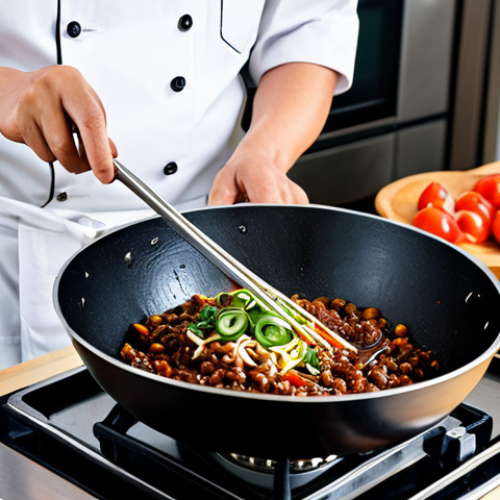 Home 24 A professional home chef, fully clothed in a modest, clean kitchen apron, expertly stirring a large wok filled with bubbling, rich Jjajangmyeon black bean sauce. The kitchen is bright, modern, and well-organized, with fresh, diced ingredients like onions, zucchini, and small cubes of pork visible on a clean wooden countertop. The focus is on the chef's well-formed hands and the vibrant cooking process, with steam gently rising from the wok. Perfect anatomy, correct proportions, natural pose, proper finger count, natural body proportions. Safe for work, appropriate content, fully clothed, professional dress, high quality, realistic food photography.