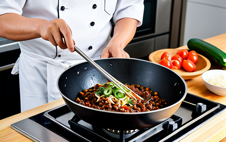 A professional home chef, fully clothed in a modest, clean kitchen apron, expertly stirring a large wok filled with bubbling, rich Jjajangmyeon black bean sauce. The kitchen is bright, modern, and well-organized, with fresh, diced ingredients like onions, zucchini, and small cubes of pork visible on a clean wooden countertop. The focus is on the chef's well-formed hands and the vibrant cooking process, with steam gently rising from the wok. Perfect anatomy, correct proportions, natural pose, proper finger count, natural body proportions. Safe for work, appropriate content, fully clothed, professional dress, high quality, realistic food photography.
