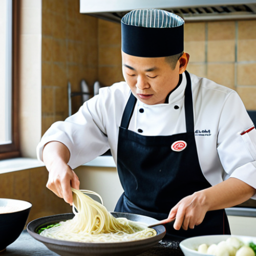 Home 23 **
A professional chef in a clean and well-lit kitchen, preparing Lanzhou Lamian noodles. He/she is fully clothed in a traditional chef's uniform, wearing a modest apron. The focus is on the noodle-pulling technique, with flour dusting the air. Bowls of broth and ingredients like sliced beef, radishes, and cilantro are arranged nearby. Perfect anatomy, correct proportions, well-formed hands, proper finger count, natural pose, high-quality photography, safe for work, appropriate content, professional, fully clothed.
**