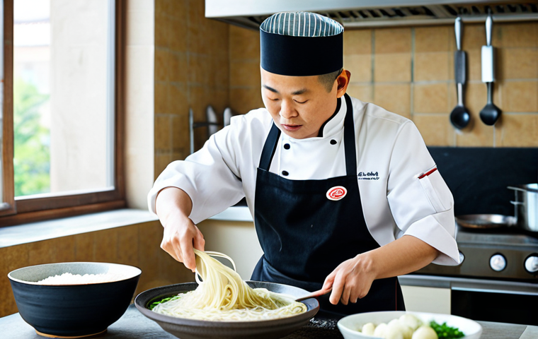 **
A professional chef in a clean and well-lit kitchen, preparing Lanzhou Lamian noodles. He/she is fully clothed in a traditional chef's uniform, wearing a modest apron. The focus is on the noodle-pulling technique, with flour dusting the air. Bowls of broth and ingredients like sliced beef, radishes, and cilantro are arranged nearby. Perfect anatomy, correct proportions, well-formed hands, proper finger count, natural pose, high-quality photography, safe for work, appropriate content, professional, fully clothed.
**
