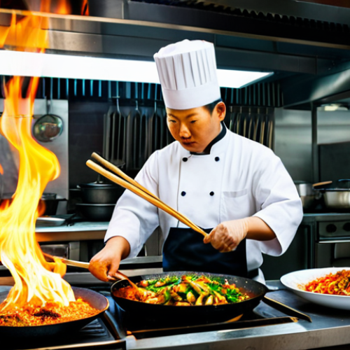 Home 9 Wok Cooking Scene**
"A busy Chinese restaurant kitchen, chefs expertly stir-frying vegetables and meat in woks over high heat, dramatic flames visible, fully clothed, professional setting, appropriate attire, safe for work, perfect anatomy, natural proportions, action shot, vibrant colors, food photography style, modest."
**