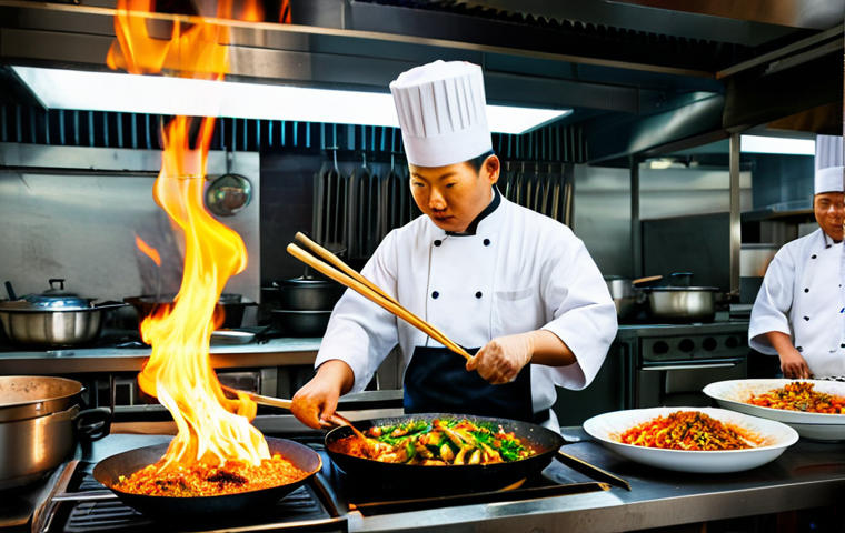 Wok Cooking Scene**
"A busy Chinese restaurant kitchen, chefs expertly stir-frying vegetables and meat in woks over high heat, dramatic flames visible, fully clothed, professional setting, appropriate attire, safe for work, perfect anatomy, natural proportions, action shot, vibrant colors, food photography style, modest."
**