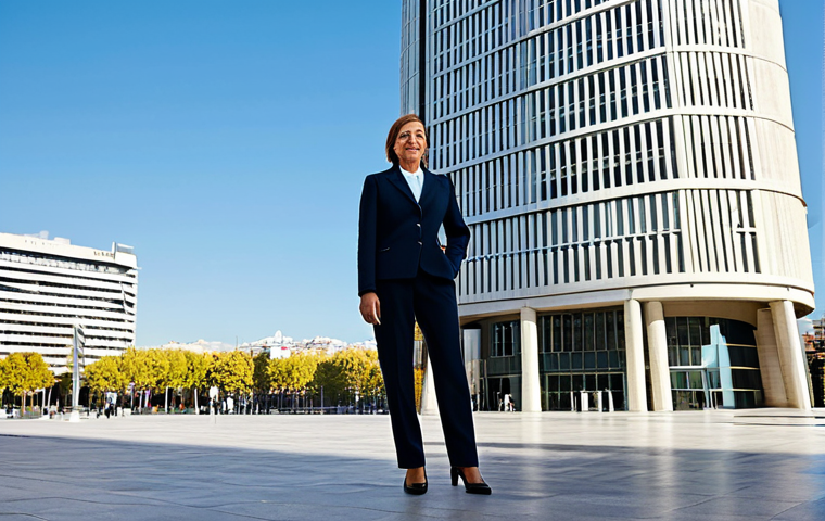 **
"A professional businesswoman in a modest business suit, standing in front of the Torre Picasso in Madrid, fully clothed, appropriate attire, safe for work, perfect anatomy, natural proportions, professional photography, high quality. The scene is bright and sunny, showcasing the modern architecture of the building. Family-friendly."
**