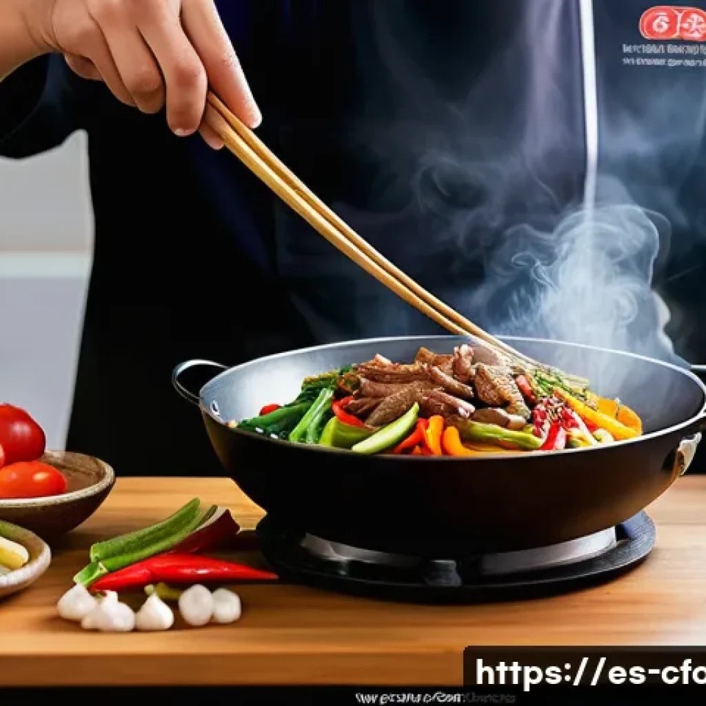 중국 음식 레시피북 - A vibrant Chinese kitchen scene featuring a chef skillfully stir-frying colorful vegetables and thin...