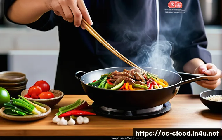중국 음식 레시피북 - A vibrant Chinese kitchen scene featuring a chef skillfully stir-frying colorful vegetables and thin...