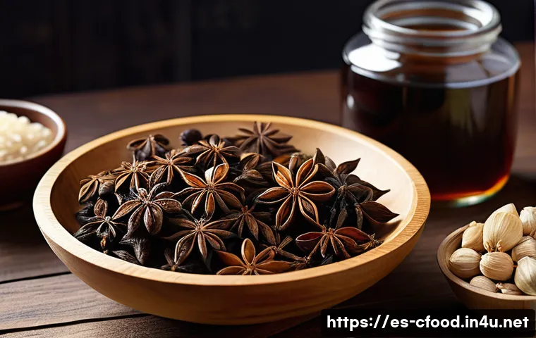 중식 소스 원료 정보 - A vibrant close-up of a traditional Chinese sauce-making scene in a rustic kitchen, featuring variou...