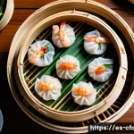 중국 음식 문화 - A vibrant and elegant Cantonese dim sum spread arranged on a traditional bamboo steamer basket, feat...