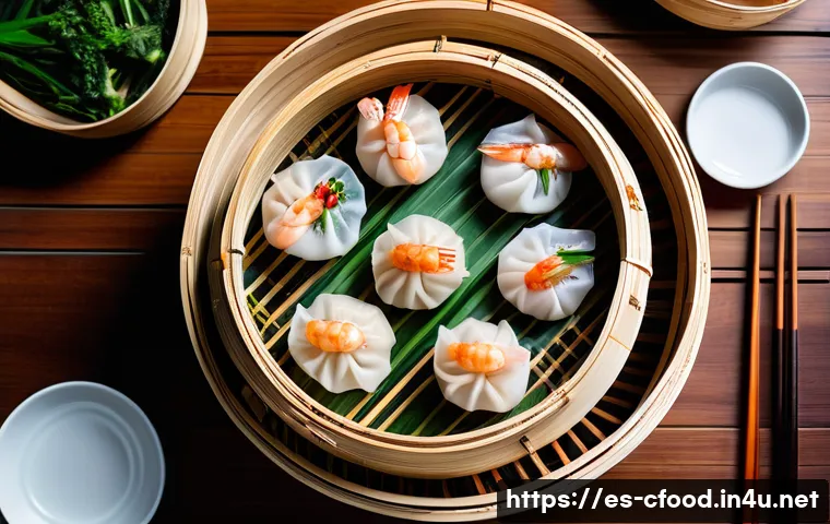 중국 음식 문화 - A vibrant and elegant Cantonese dim sum spread arranged on a traditional bamboo steamer basket, feat...