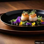 중식당 럭셔리 코스요리 - A luxurious Chinese fine dining setting showcasing an elegantly plated dish of fresh Asian scallops ...