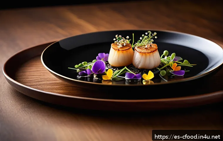 중식당 럭셔리 코스요리 - A luxurious Chinese fine dining setting showcasing an elegantly plated dish of fresh Asian scallops ...