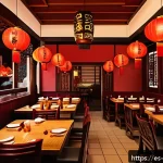 중식당 예약 필수 맛집 - An authentic Chinese restaurant interior with traditional wooden carved furniture, dim warm lighting...