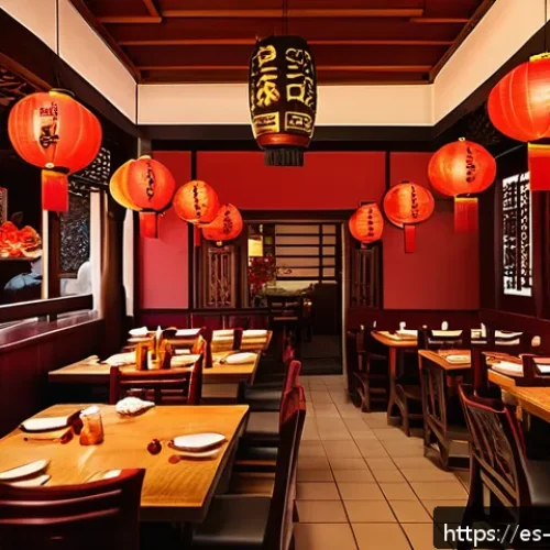 중식당 예약 필수 맛집 - An authentic Chinese restaurant interior with traditional wooden carved furniture, dim warm lighting...