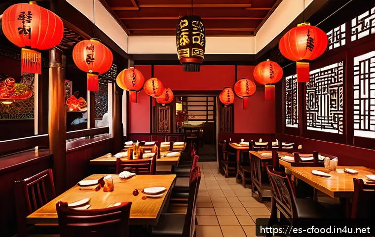 중식당 예약 필수 맛집 - An authentic Chinese restaurant interior with traditional wooden carved furniture, dim warm lighting...