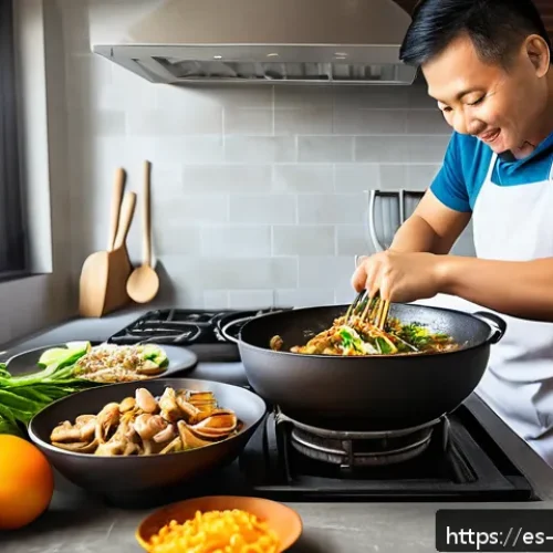 중국 요리 온라인 강좌 - A vibrant home kitchen scene showcasing an enthusiastic adult cooking Chinese cuisine using a tradit...
