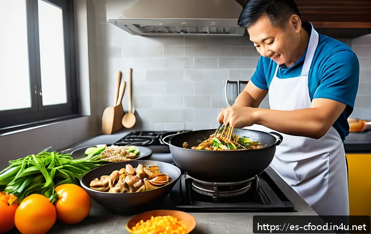 중국 요리 온라인 강좌 - A vibrant home kitchen scene showcasing an enthusiastic adult cooking Chinese cuisine using a tradit...