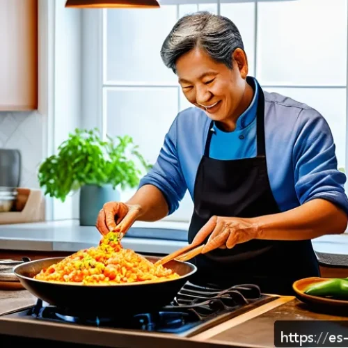 중식 밀키트 비즈니스 모델 - A cozy home kitchen scene with a middle-aged Hispanic person cooking a vibrant Chinese meal using a ...