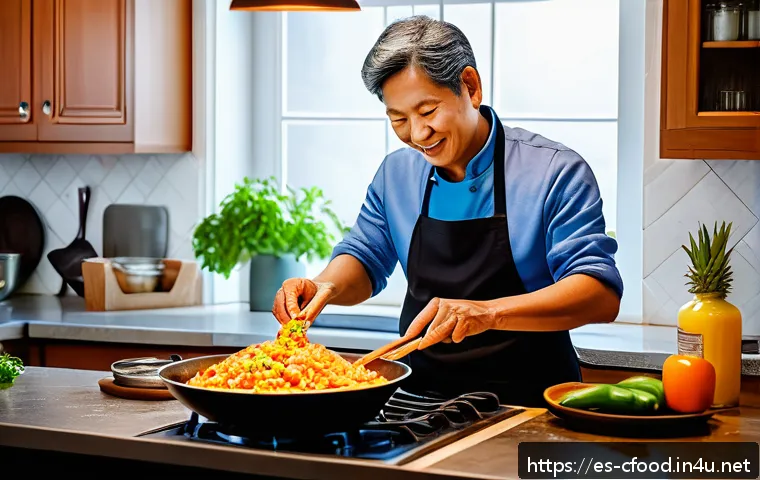 중식 밀키트 비즈니스 모델 - A cozy home kitchen scene with a middle-aged Hispanic person cooking a vibrant Chinese meal using a ...